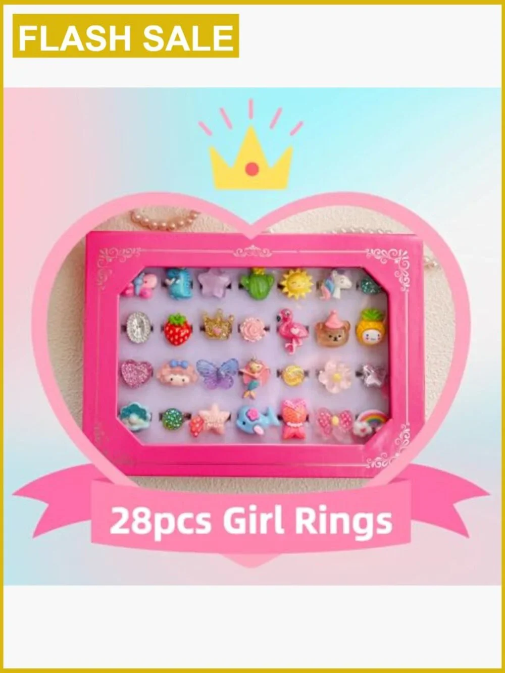 28pcs Little Girl Rings Princess Pretend Play Jewelry Set Adjustable